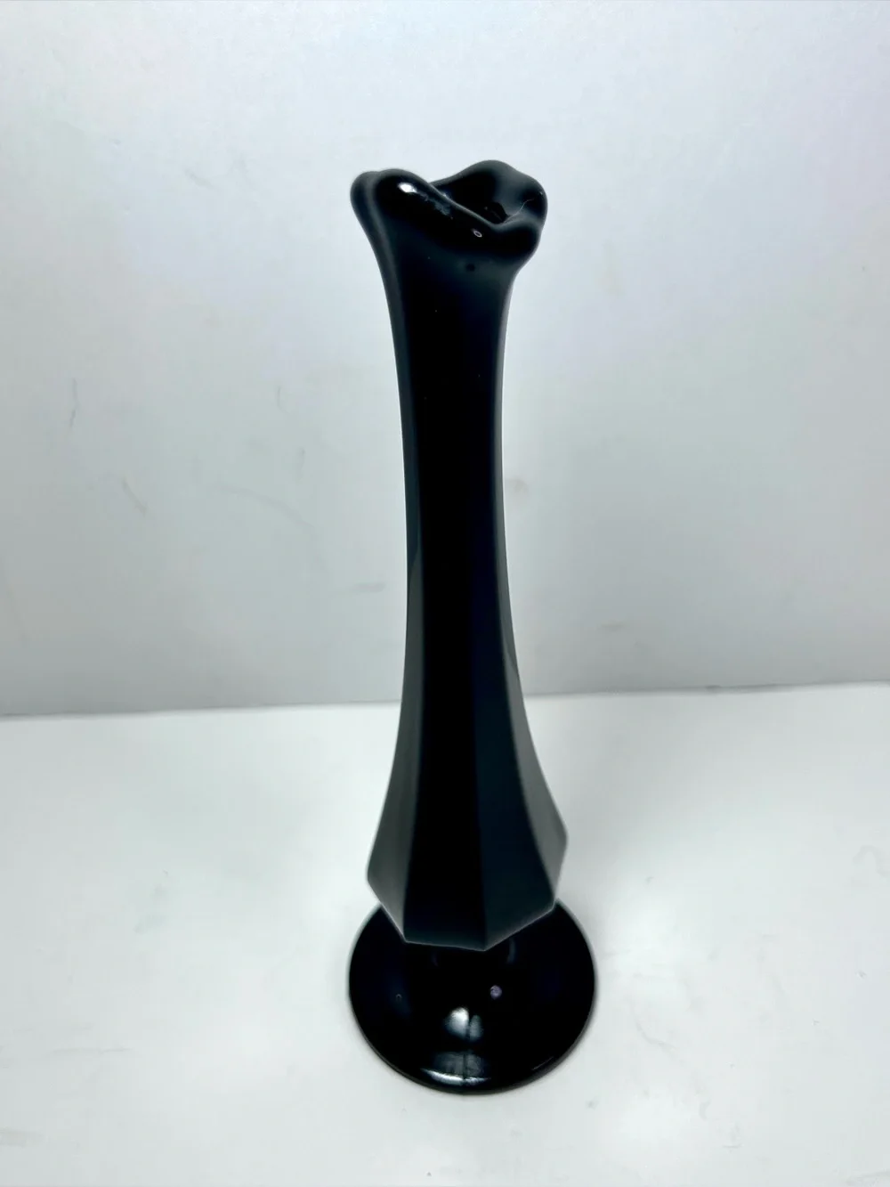 Fenton Black Glass Swung Bud Vase 8” MCM